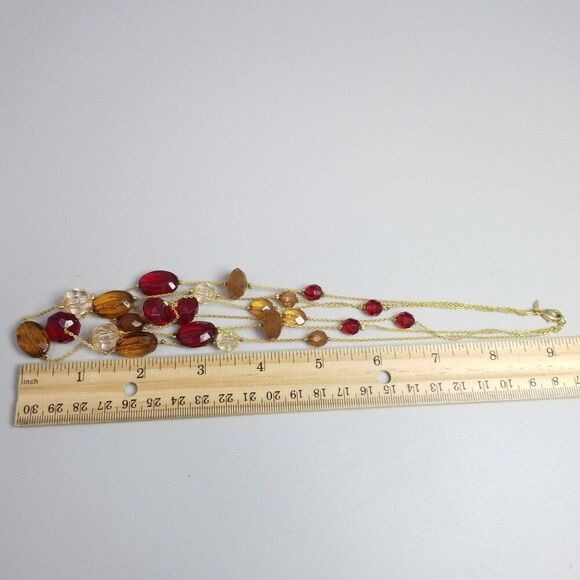 Vintage Avon SP Red Brown Acrylic Station Bead Triple Layer Necklace, Gold Tone - Picture 5 of 7